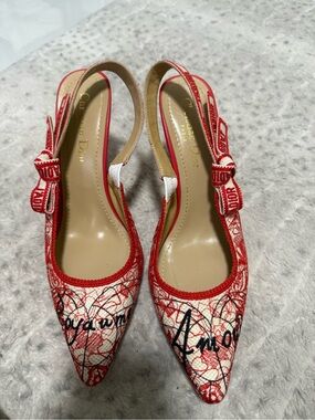 Dior Red and White Embroidered Slingback Mules